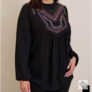 Torrid Washable Crinkle Gauze Relaxed Embroidered Blouse
